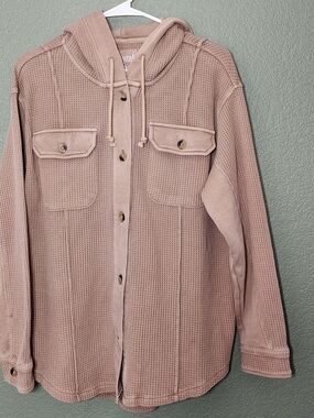 Natural Reflections Hooded Waffle Knit Shacket Jacket Taupe Small